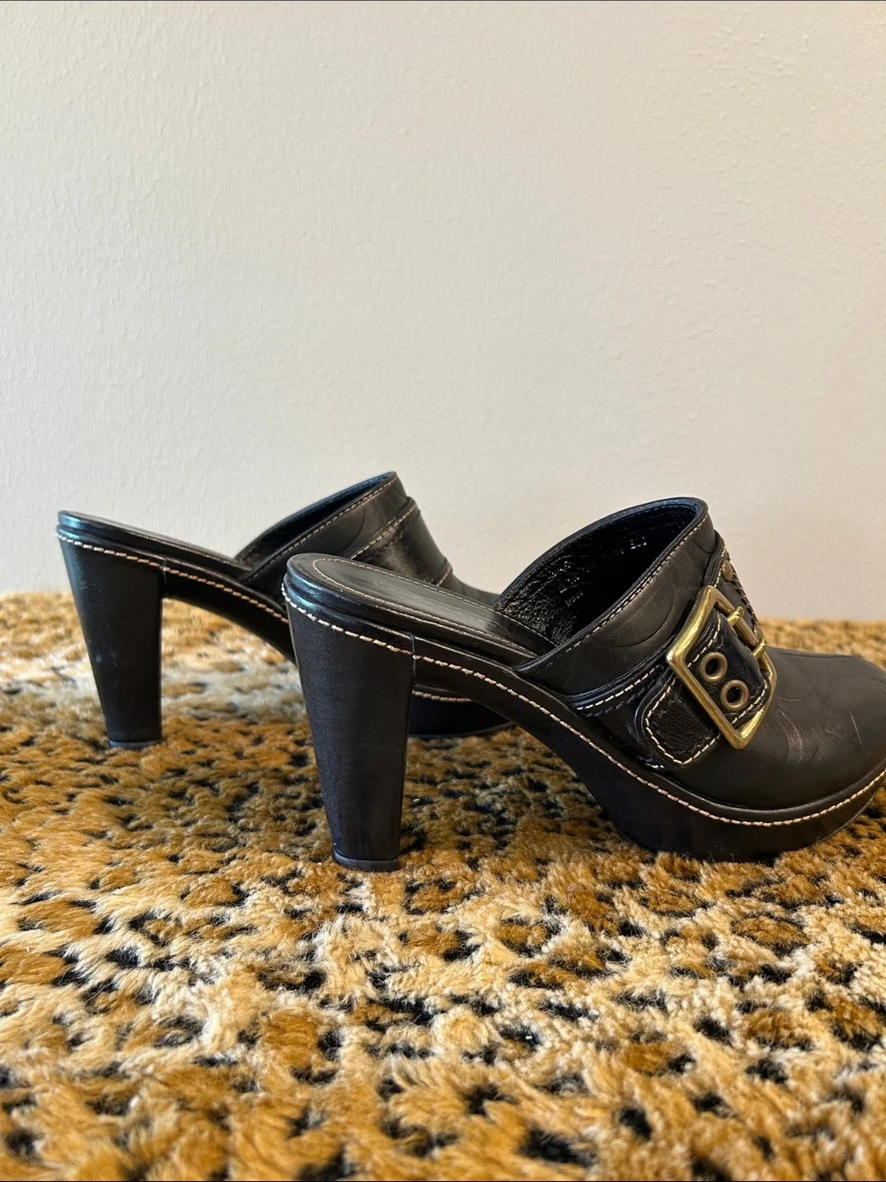 Coach Black Leather Buckle Clog Heels
